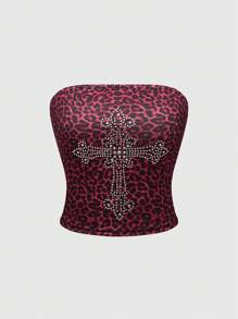 ROMWE Grunge Punk Sexy Leopard Print Strapless Top With Cross & Rhinestone Decoration For Women, Stretchy, School, For Carnival - Multicolor - View 5