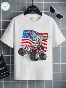 青少年男孩簡約旗幟＆恐龍印花圓領短袖夏季 T 恤 - 白色 - 查看 1
