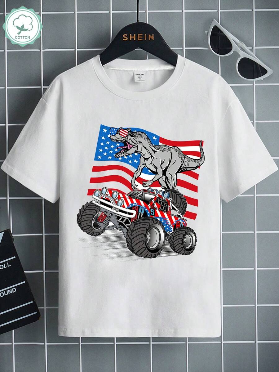 青少年男孩簡約旗幟＆恐龍印花圓領短袖夏季 T 恤 - 白色 - 查看 1