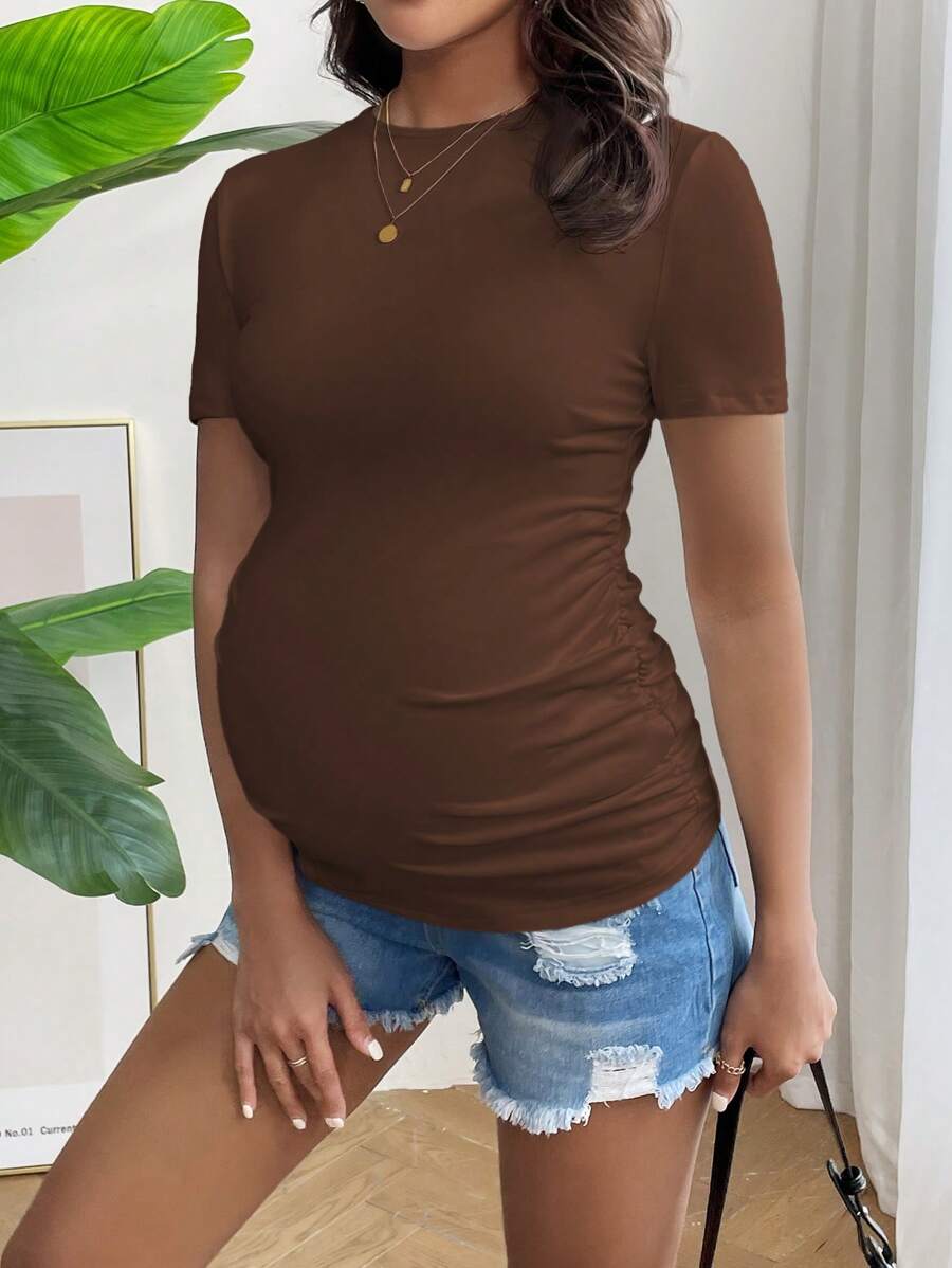 SHEIN 孕妇休闲纯色简约褶皱修身 T 恤，孕妇装夏季 - 咖啡棕 - 查看 1