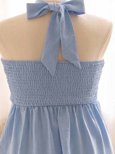 Plus Size Women Solid Color Tie Strap A-Line Halter Top And Shorts Set For Summer