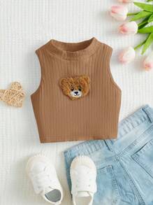 SHEIN Young Girl Summer Casual And Comfortable Teddy Bear Patched Crop Tank Top