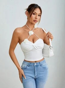 SHEIN PETITE Women Summer Plain Colored Cross Halter Neck Tank Top With Twisted Front Detail And Floral Embellishment