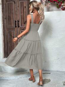 SHEIN Clasi Vestido de verano para mujer de unicolor con cuello en V, volantes en capas y tirantes de espagueti - Gris Claro - Ver 2