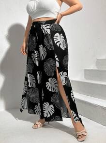 SHEIN Essnce 加大尺碼女士夏季新款通勤休閒花卉印花分裂褲，適合度假