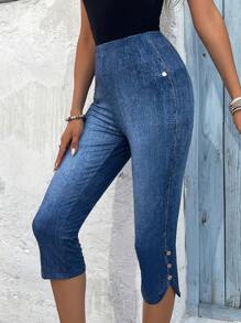 EMERY ROSE Denim Effect Printed Elastic Waist Button Detail Slit Hem Capri Leggings Summer - Blue - View 1