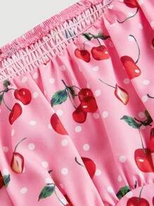 SHEIN MOD 大尺寸夏季可愛粉色櫻桃印花泡泡袖上衣，後背蝴蝶結綁帶襯衫