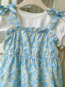 SHEIN Fetă tânără tricotată uni cu gât rotund cu mâneci bufante și costum rochie cu bretele florale țesute