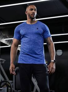 Manfinity Fitness 男友风男士闪电印花插肩短袖运动T恤，四季皆宜，适合健身、运动和压缩穿着 - 藏蓝色 - 查看 3