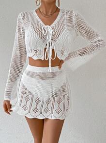 Swim Vcay Ladies Plain Simple Daily Hollow Out Cover Up, 2pcs/Set,Summer Beach