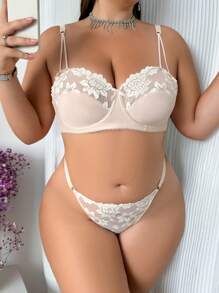 2pcs/Set Plus Size Sexy Lacy Bra And Panties With Underwire, Lingerie