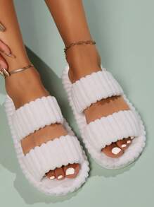 Zapatillas de estar por casa para mujer, pantuflas de pana cómodas y elegantes con puntera abierta para cuatro estaciones, en color caqui, adecuadas para la primavera y el otoño, ideales para parejas - Blanco - Ver 6