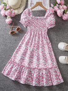 SHEIN Tween Girl Floral Print Scoop Neck Summer Short Sleeve Dress,Holiday,Summer,Travel, School, Campus, College