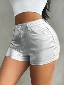 SHEIN SXY Sexy Shorts Ultra-corti Argento Elasticizzati A Vita Alta Da Donna - Argento - Visualizzare 1