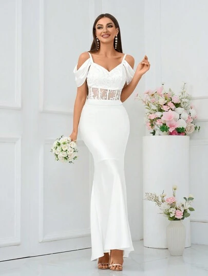 SHEIN Belle Women Elegant Slim Fit Mermaid Wedding Dress With Romantic Off-Shoulder Straps White Bridal Dress For Holiday Party Clothes