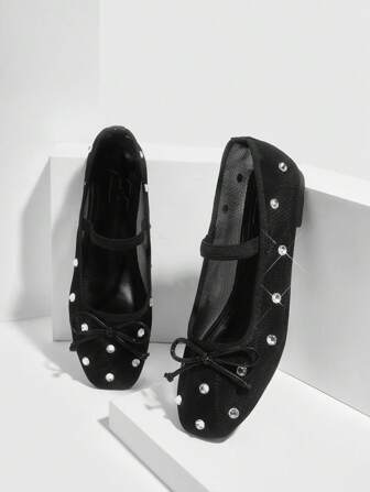 CUCCOO DOLLMOD 时尚杏色网眼水钻蝴蝶结芭蕾平底鞋女式圣诞女巫秋季新年假期