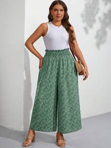 SHEIN LUNE Plus Size Women Resort Style High Waisted Wide Leg Printed Pants With Drawstring Waist - Dark Green - View 7