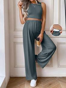 SHEIN Maternity Vacation Casual Solid Color Cropped Vest And Long Pants 2-Piece Set - Blue - View 1