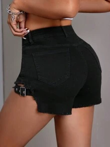 SHEIN ICON Shorts de mezclilla con remaches y parches de bolsillo para mujer con cremallera y dobladillo sin rematar para uso casual - Negro - Ver 2
