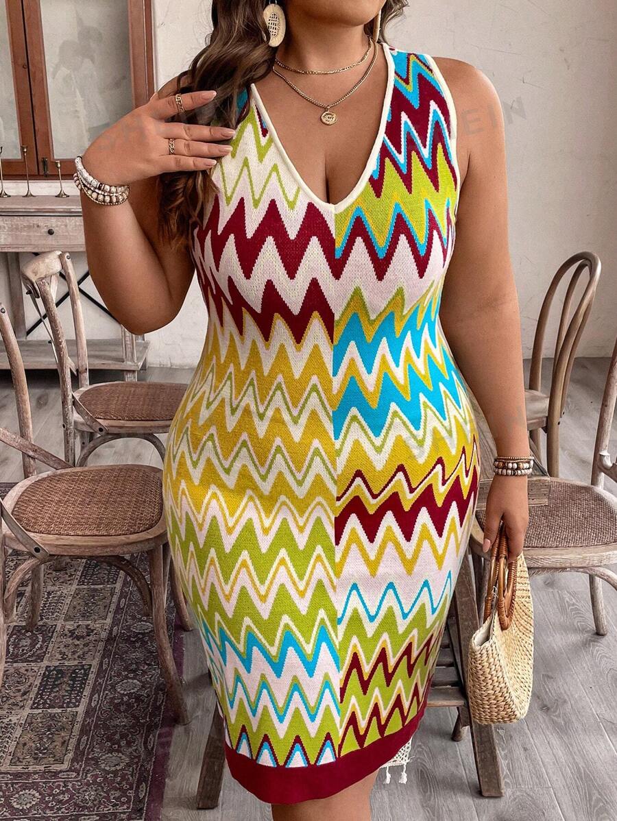 Breezaya Vestido de suéter tejido sin mangas con cuello en V ajustado para mujeres de talla grande con rayas multicolores para vacaciones