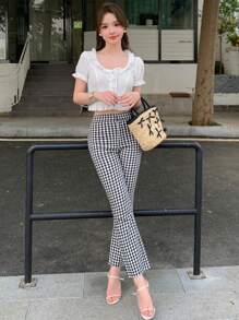 DAZY Women Summer Slim Fit Short Puff Sleeve T-Shirt With Ruffle Hem Round Neck - Beige - View 7