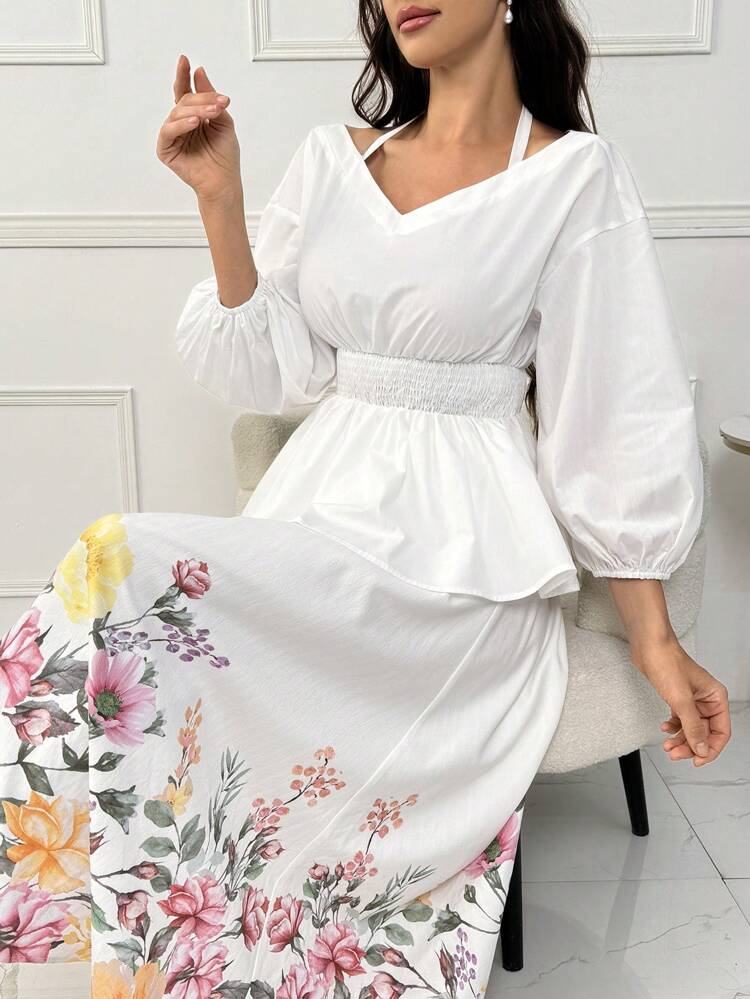 Solid Color Lantern Sleeve Waist Cinched Frill Hem Top And Floral Printed Skirt 2 Pieces Set