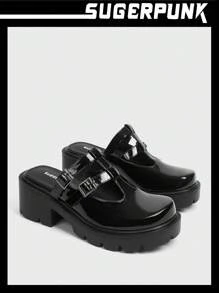 Sugerpunk Y2K Fashion Black Half-Enclosed Roman Style Women Wedge Chunky Sole Shoes, Suitable For Music Festival, Shopping And Party For Summer Vacation Shoes Summer - Black - View 1