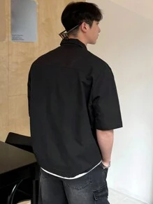 DAZY Camisa de manga corta para hombre de unicolor con botones frontales y cuello con solapa para el verano