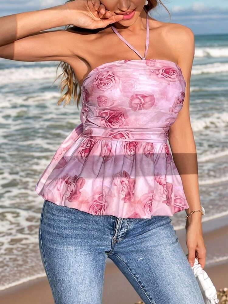 Women's Romantic Holiday Print Bandeau Top With Ruffled Hem And Puff Bust Design. Suitable For Music Festivals, Easter, Mother's Day, Graduation Season, Wedding Anniversary, Holiday Style