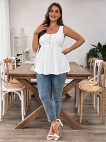 SHEIN LUNE 加大尺碼女裝夏日假期鈕釦花燒繡荷葉邊背心上衣 - 白色 - 查看 6