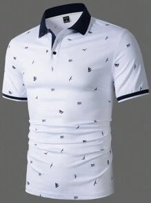Manfinity Homme 男士海鷗印花半身扣短袖 Polo 衫夏季休閒度假沙灘 Polo 衫老公 - 白色 - 查看 3