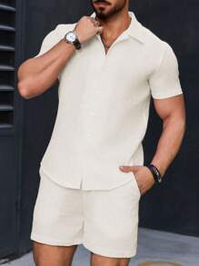 Manfinity Homme Men Summer Casual Solid Color Short Sleeve Shirt + Shorts Set - Beige - View 5