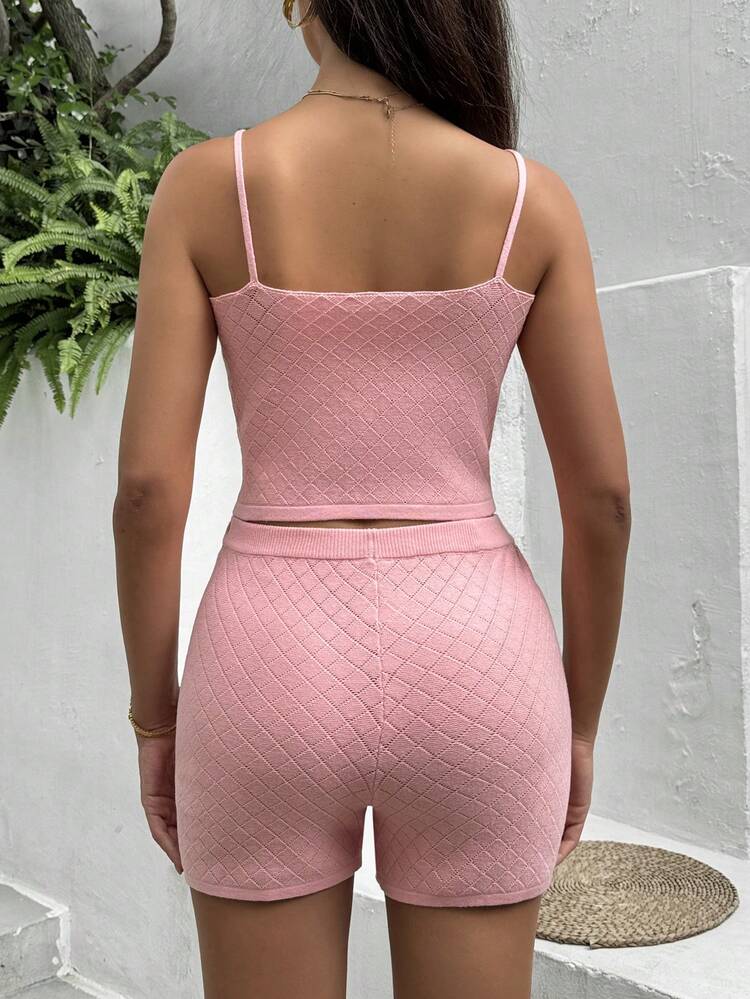Summer Beach Pink Knitted Sweater & Bodycon Shorts Set With Front Button Down Design