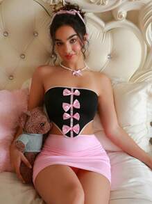 PetitDoll Vestido de lencería ajustado con fruncidos sin tirantes y moño, con tanga de espalda en T, conjunto de 2 piezas