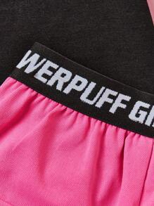 THE POWERPUFF GIRLS X SHEIN 年輕女孩圓領短袖字母卡通印花T恤和彈性粉紅色工作短褲套裝，適用於夏季