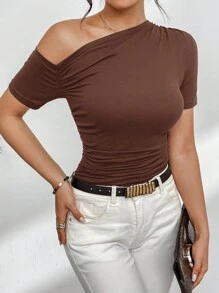 SHEIN Privé 女士夏季不对称短袖修身针织 T 恤工作服 - 棕色 - 查看 4