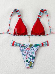 SHEIN Swim 夏季海灘女士隨機印花比基尼套裝 - 彩色 - 查看 2