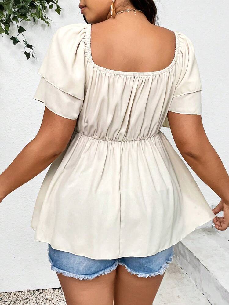 Plus Size Women Square Collar Striped Shirt With Flare Sleeves