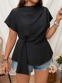 Elenzga Plus Size Women Solid Color Stand Collar Shirt With Twist Knot Front Tie And Cinched Waist