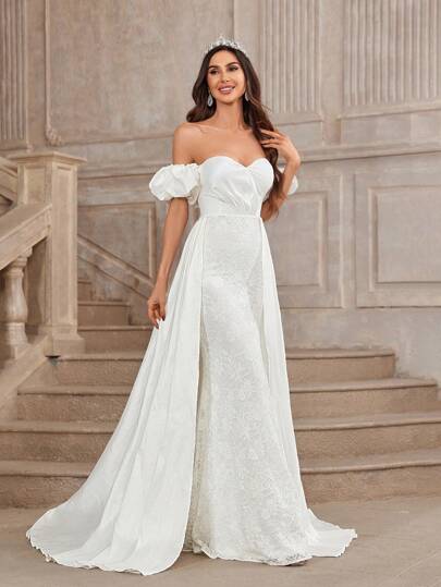 SHEIN Belle Elegant And Gorgeous One-Shoulder Sexy Off-Shoulder Lace Applique Patchwork Stretch Satin Puff Sleeves High Slit Fishtail With Extended Hem And Tail Suitable For Wedding Events Bachelor Party Holiday Prom Wedding Dress White Bridal Dress