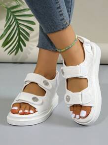 Giày sandal nữ thanh lịch, kiểu dáng thường ngày đa năng, giày đế bằng đính đá, sandal thể thao đế dày mới, thích hợp cho trang phục mùa xuân hè. - trắng - Xem 6