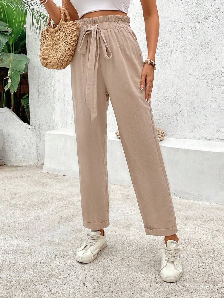 Ladies' Old Money Cotton Solid Color Simple Daily Wear Strap Bow Tie Long Pants Winter Casual