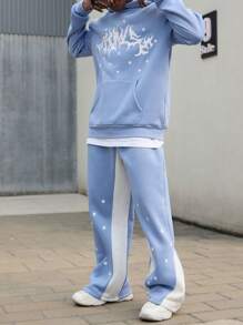 Manfinity Roghcode 男士春秋休闲字母印花落肩连帽衫和运动裤套装，拼色，外出，运动服，男友礼物，哥特 - 藍白色 - 查看 4