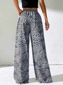 SHEIN EZwear 女性休閒豹紋寬腿長褲 - 灰色 - 查看 2