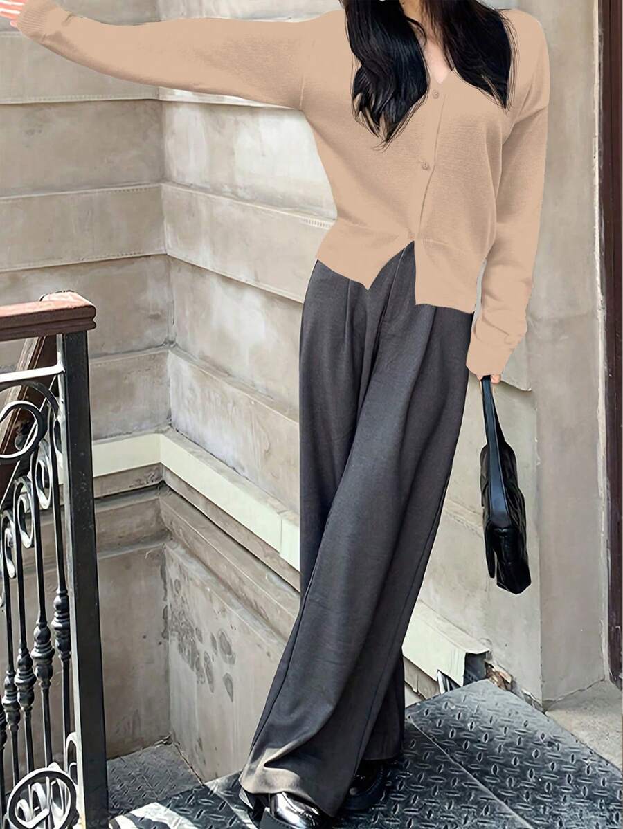 SHEIN Unity Solid Color Simple And Elegant Soft Style Long Sleeve Knitted Cardigan - Khaki - View 1