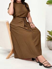 Seusyu Plus Size Summer Casual Solid Color Batwing Sleeve Criss-Cross Tie Waist Long Dress - Brown - View 2
