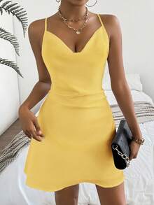 SHEIN Privé Women Summer Sexy Solid Color Draped Neck Backless Spandex Cami Dress - Yellow - View 3
