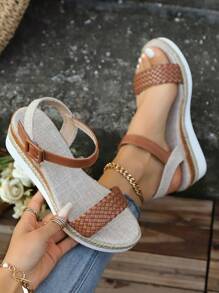 女式舒適開放式鞋尖單鞋露趾戶外草織腳踝帶厚底涼鞋，編織細節夏季假日啡色角跟涼鞋 - 棕色 - 查看 1