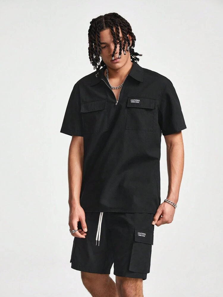 Men Zipper Pocket Design Casual Short Sleeve Shirt And Shorts Set For Spring Summer, I Love My Boyfriend, Fashion, Boyfriend Gift, Rave Outfit, Plain, Letter, Work