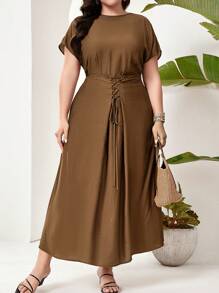 Seusyu Plus Size Summer Casual Solid Color Batwing Sleeve Criss-Cross Tie Waist Long Dress - Brown - View 3